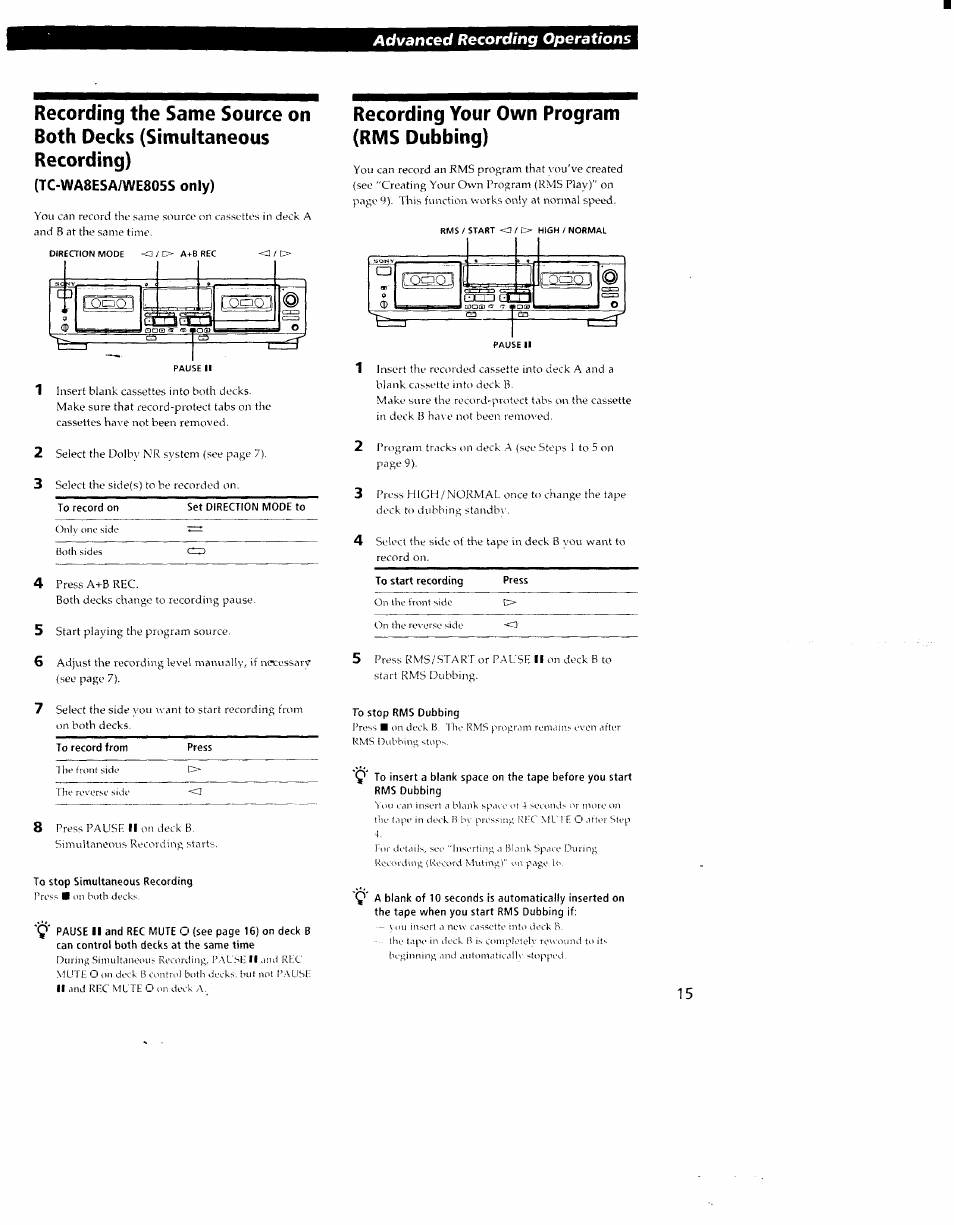 Tc-wa8esa/we805s only), Recording your own program (rms dubbing), Advanced recording operations | Sony TC-WR550Z User Manual | Page 15 / 23