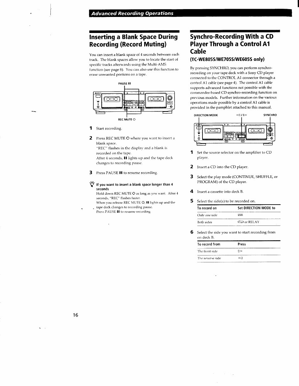 Advanced recording operations | Sony TC-WR550Z User Manual | Page 16 / 23