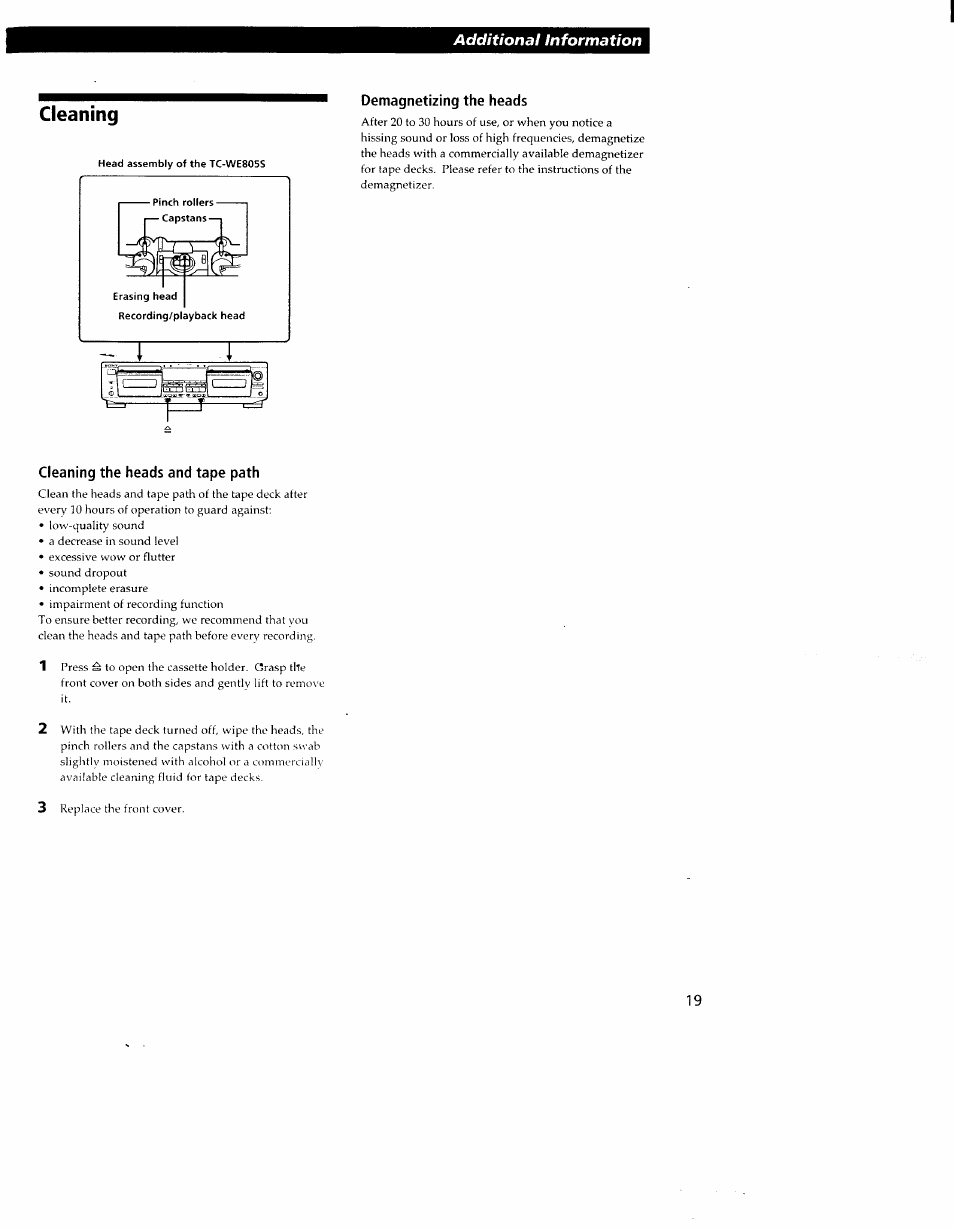 Demagnetizing the heads, Cleaning the heads and tape path, Cleaning | Additional information | Sony TC-WR550Z User Manual | Page 19 / 23