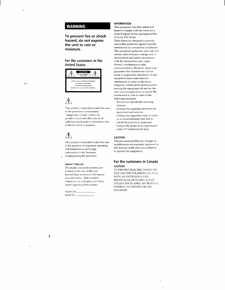 Warning, Owner's record, Information | Caution | Sony TC-WR550Z User Manual | Page 2 / 23