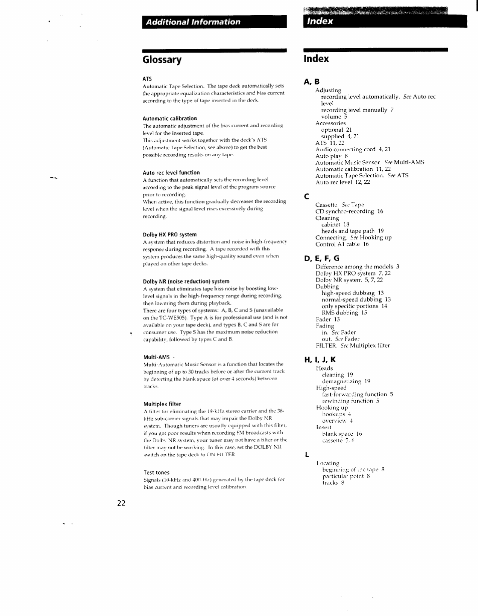 Glossary, Automatic calibration, Auto rec level function | Dolby hx pro system, Dolby nr (noise reduction) system, Multi-ams, Multiplex filter, Test tones, A, b, D, e, f, g | Sony TC-WR550Z User Manual | Page 22 / 23