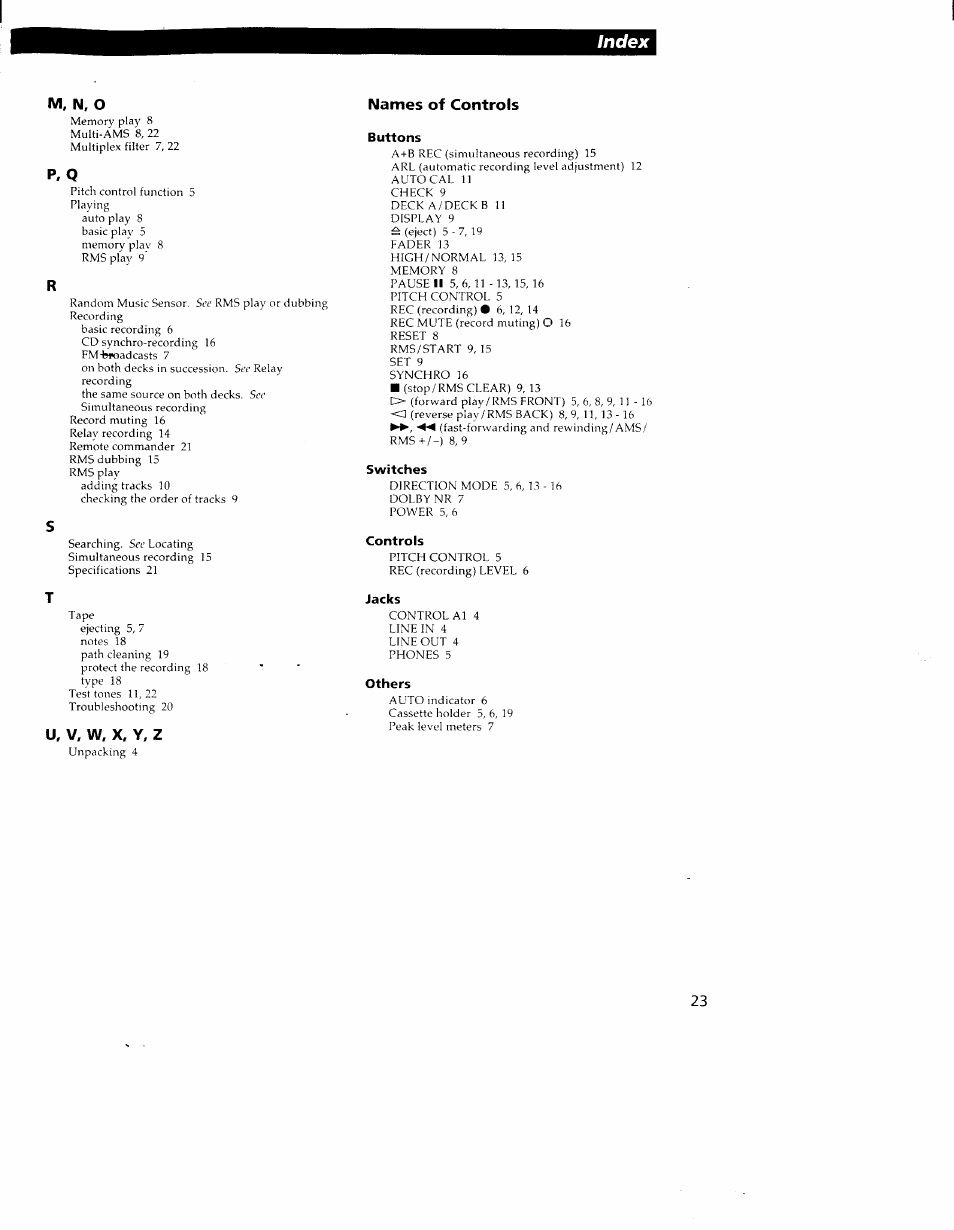 M. n, o, Names of controls, U, v, w. x, y, z | Index | Sony TC-WR550Z User Manual | Page 23 / 23