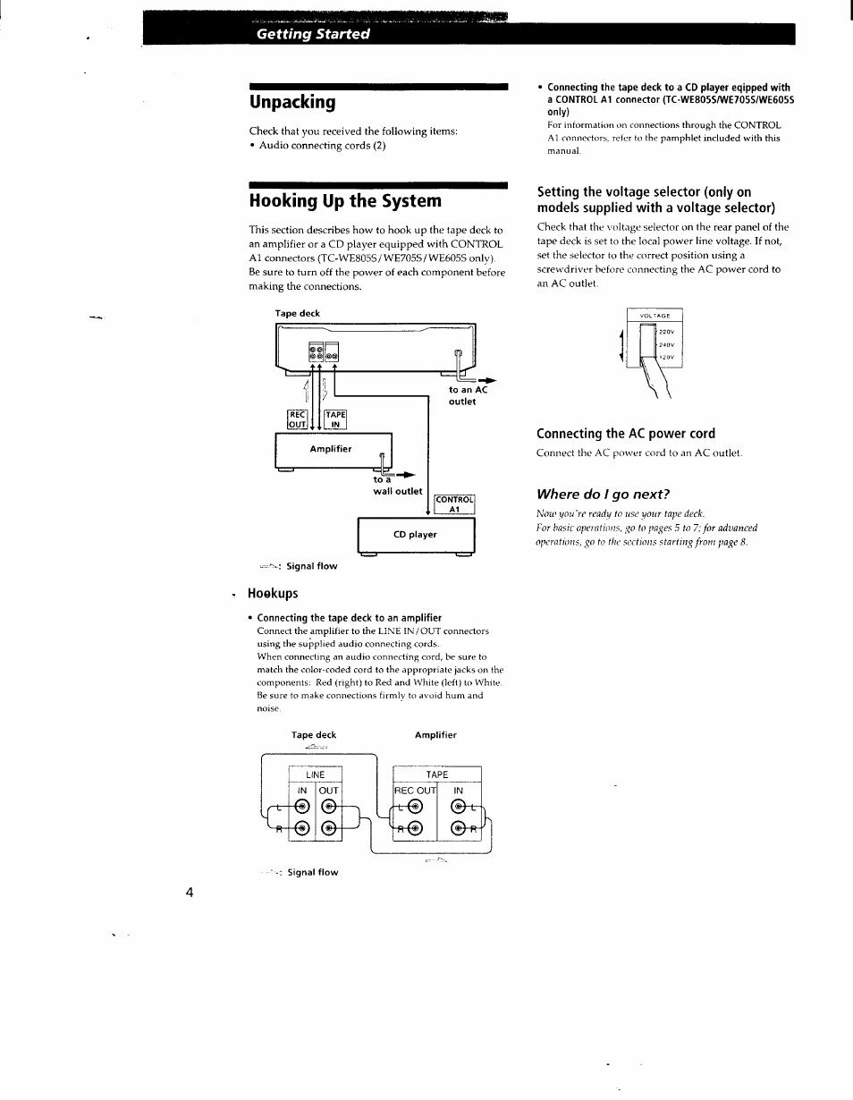 Hooking up the system, Hookups, Connecting the tape deck to an amplifier | Connecting the ac power cord, Unpacking, Getting started, Where do i go next | Sony TC-WR550Z User Manual | Page 4 / 23