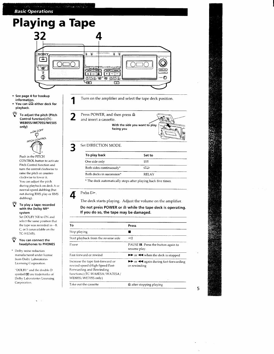 Playing a tape, Basic operations | Sony TC-WR550Z User Manual | Page 5 / 23