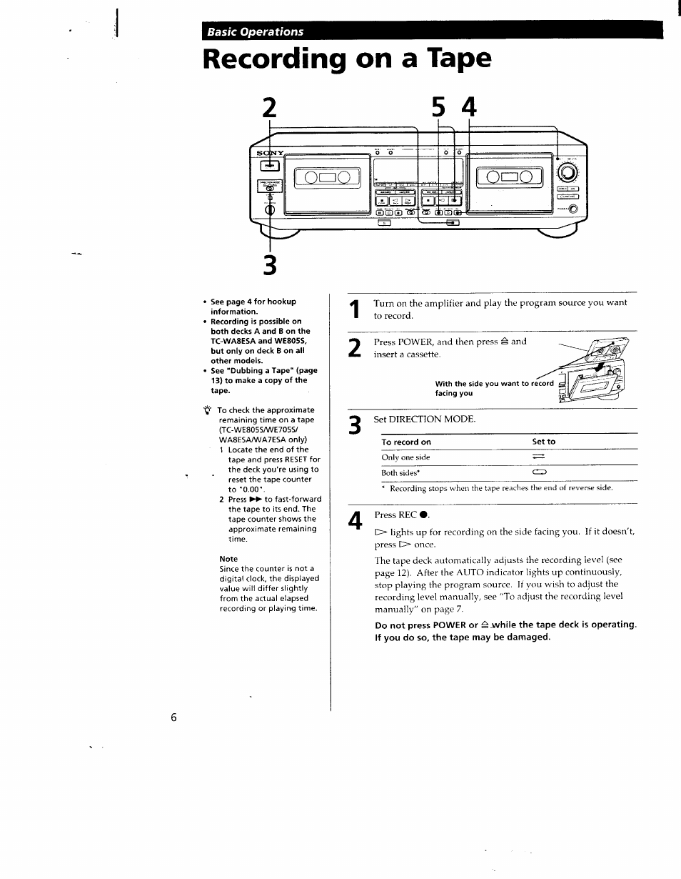 Recording on a tape, Basic operations | Sony TC-WR550Z User Manual | Page 6 / 23