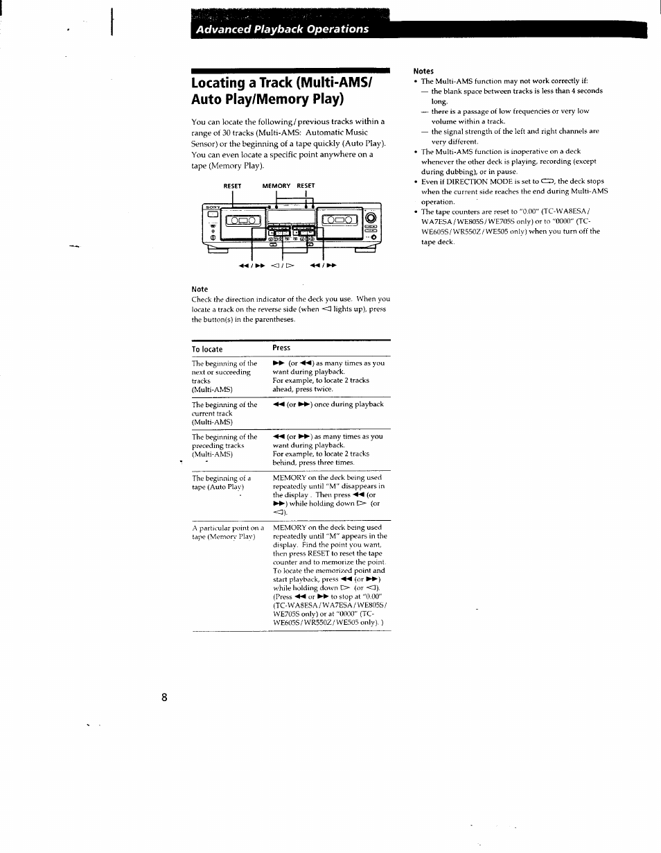 Notes, Note, Advanced playback operations | Sony TC-WR550Z User Manual | Page 8 / 23