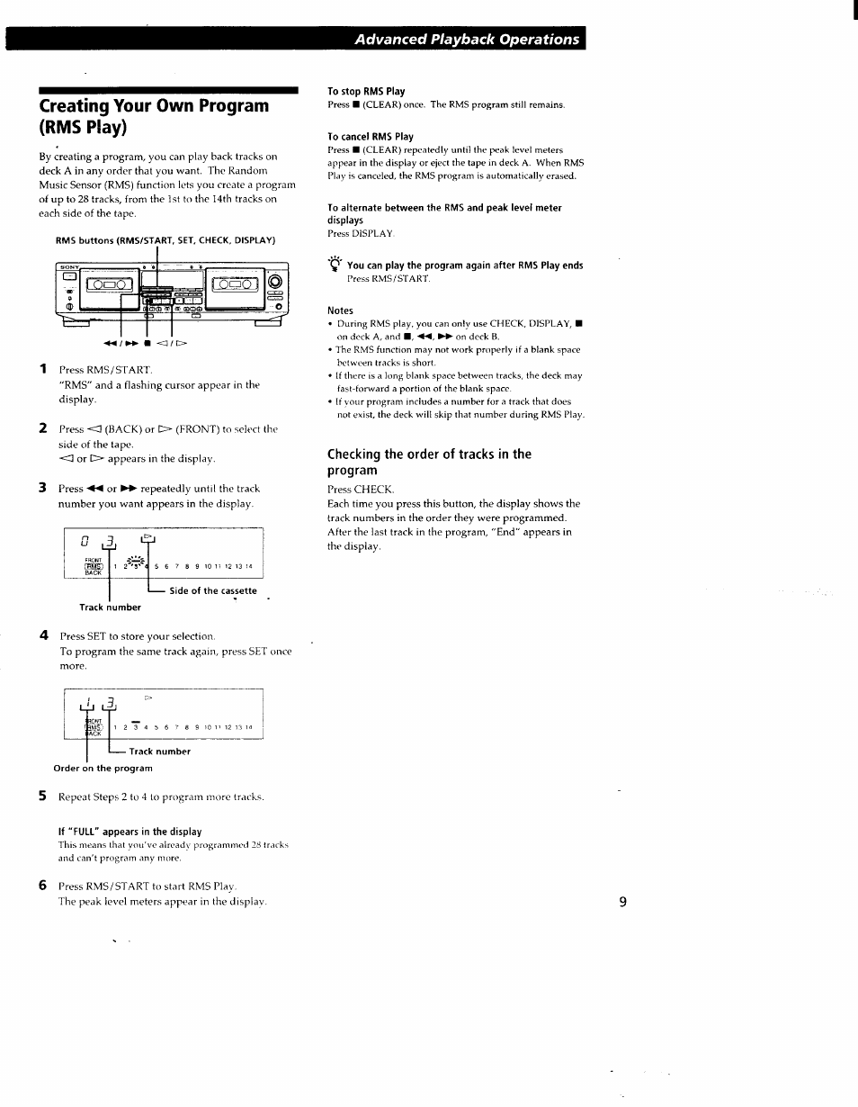 Creating your own program (rms play), To stop rms play, To cancel rms play | You can play the program again after rms play ends, Notes, Checking the order of tracks in the program, If "full" appears in the display, Advanced playback operations | Sony TC-WR550Z User Manual | Page 9 / 23