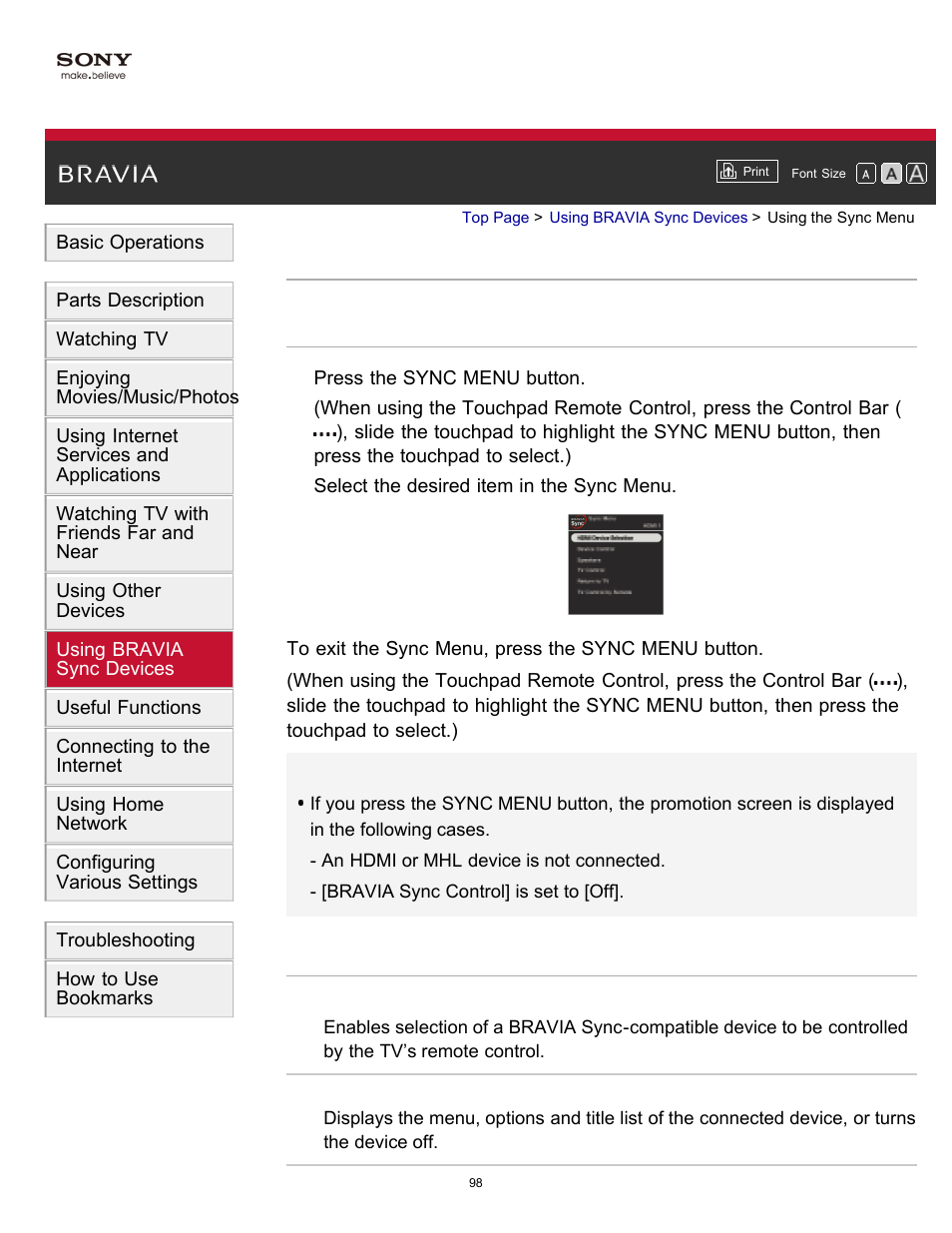 Using the sync menu, Sync menu | Sony KDL-40W600B User Manual | Page 103 / 214