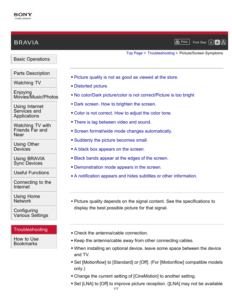 Picture/screen symptoms | Sony KDL-40W600B User Manual | Page 182 / 214