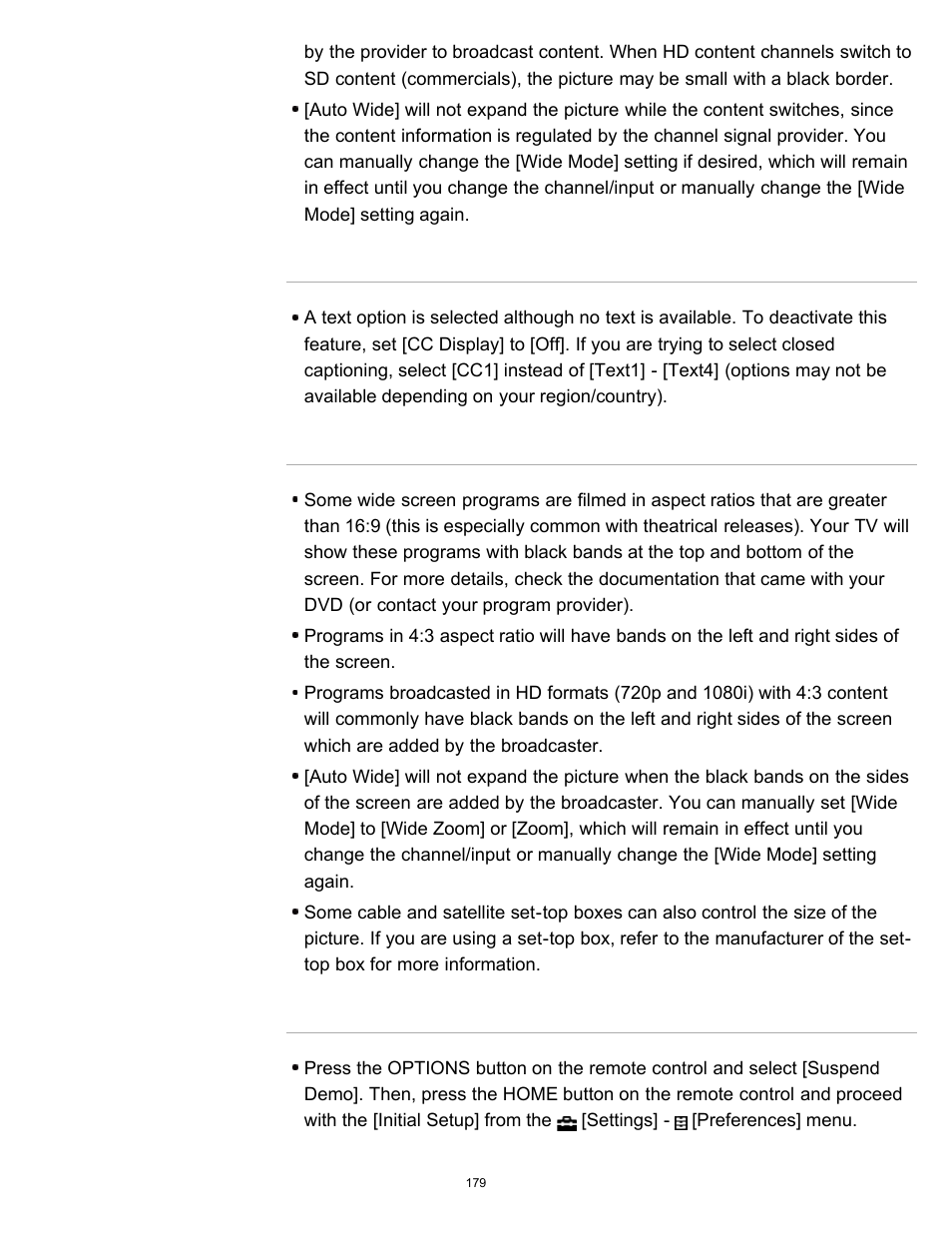 A black box appears on the screen, Black bands appear at the edges of the screen, Demonstration mode appears in the screen | Sony KDL-40W600B User Manual | Page 184 / 214