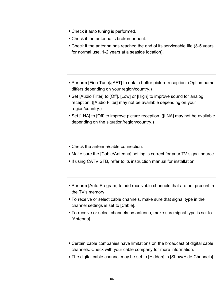 You cannot receive any channels, You cannot receive or select channels, Some digital cable channels are not displayed | Broadcast hd formats have poor quality | Sony KDL-40W600B User Manual | Page 187 / 214