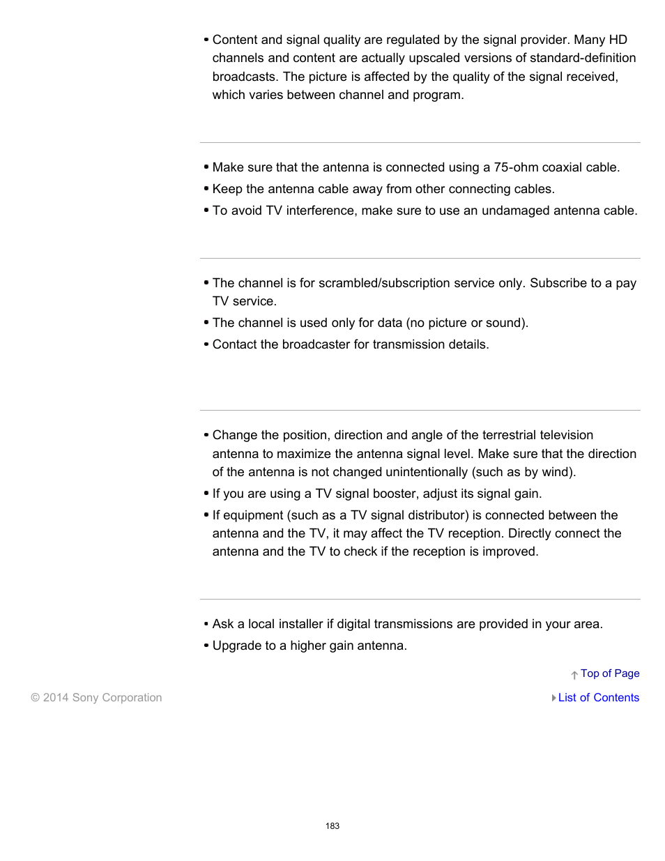 Noisy picture, Some channels are blank, You cannot view digital channels | Sony KDL-40W600B User Manual | Page 188 / 214