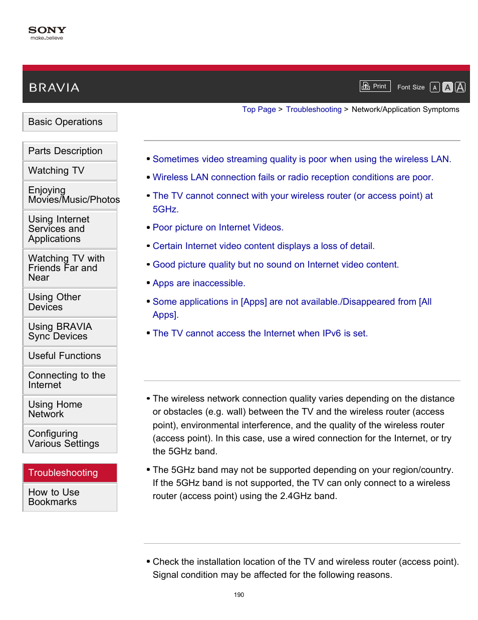 Network/application symptoms | Sony KDL-40W600B User Manual | Page 195 / 214