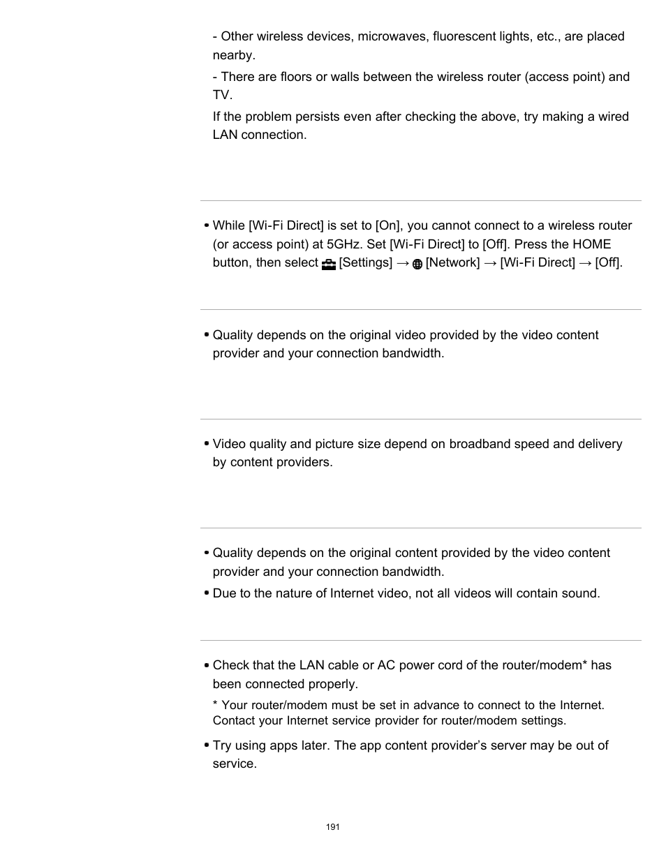 Poor picture on internet videos, Apps are inaccessible | Sony KDL-40W600B User Manual | Page 196 / 214