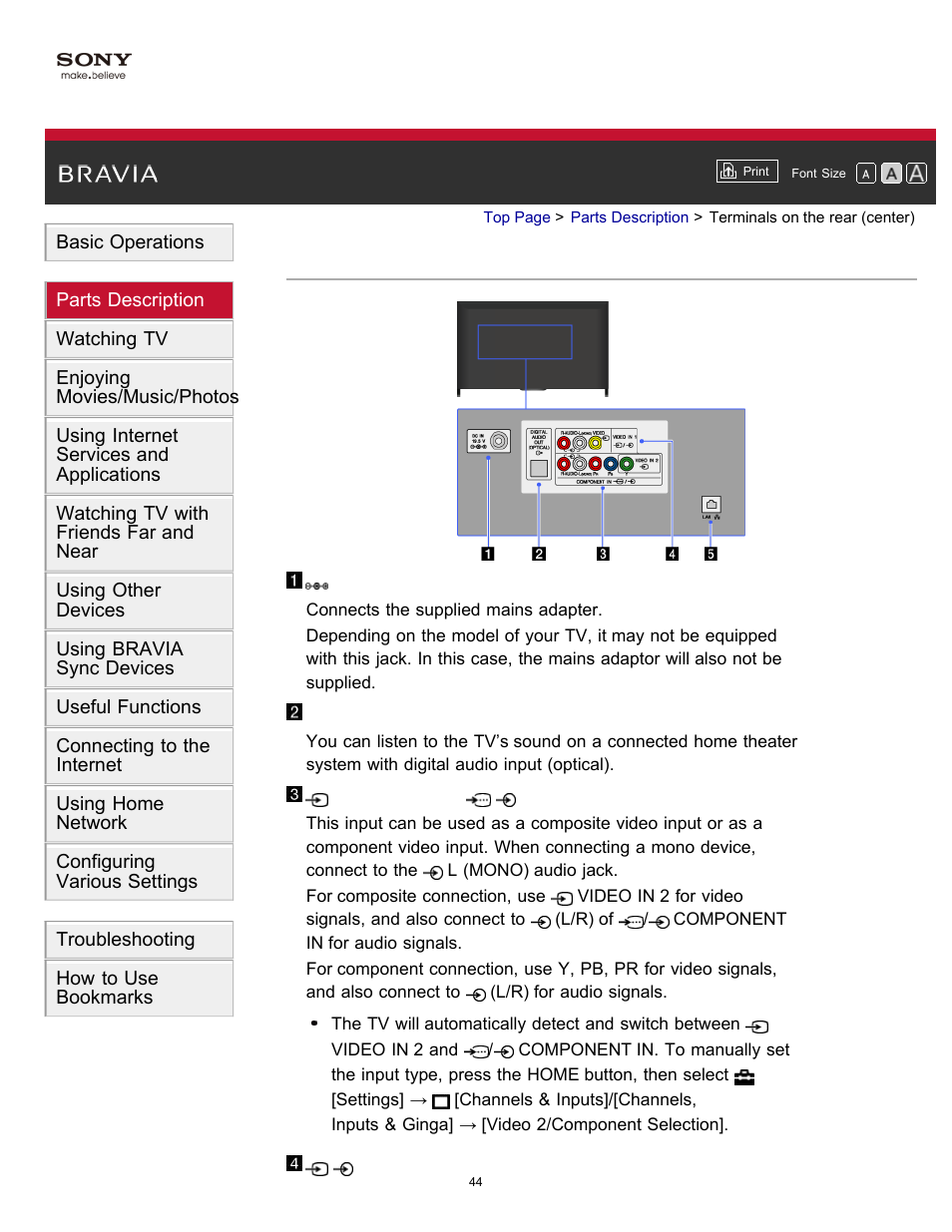 Terminals on the rear (center) | Sony KDL-40W600B User Manual | Page 49 / 214