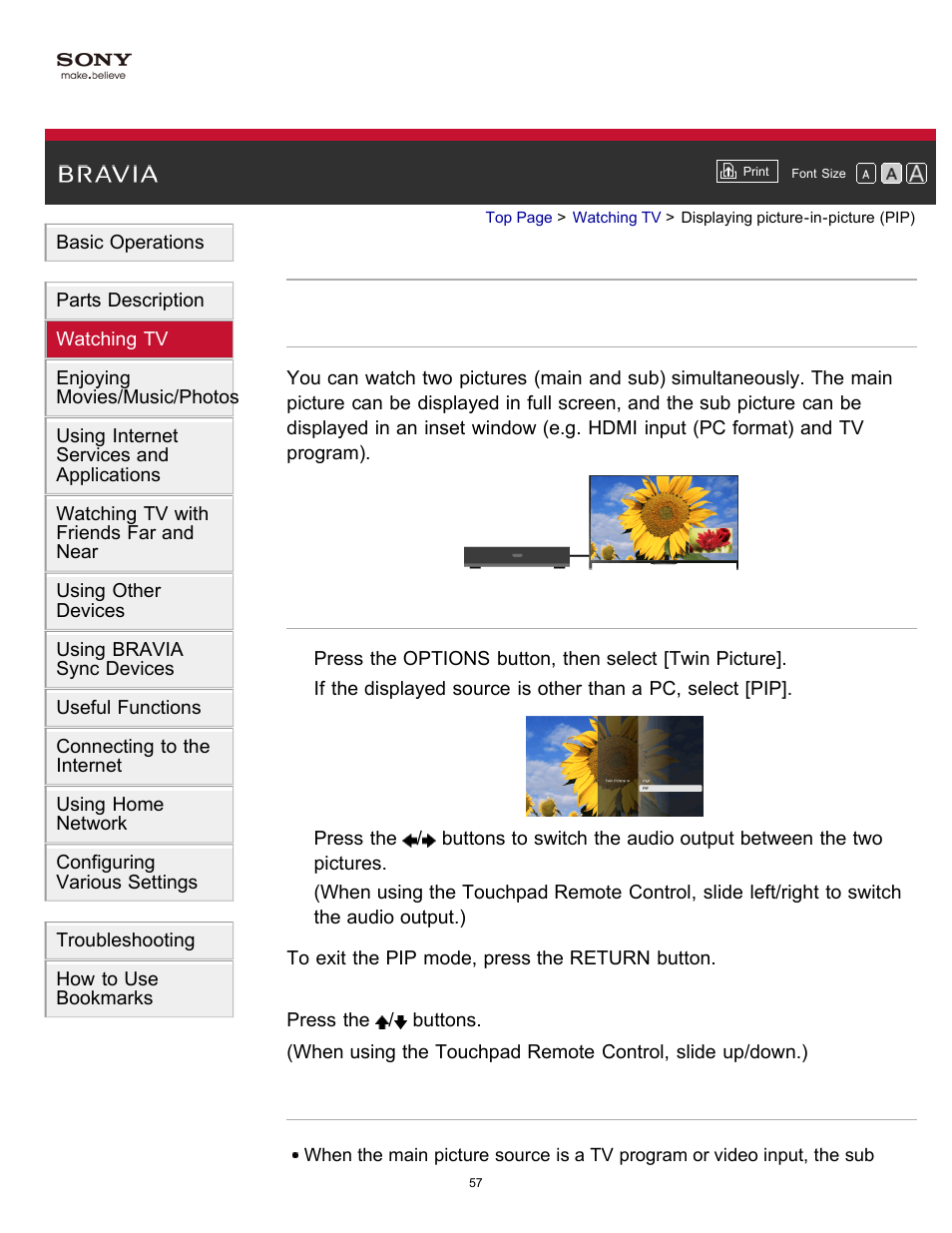 Displaying picture-in-picture (pip) | Sony KDL-40W600B User Manual | Page 62 / 214