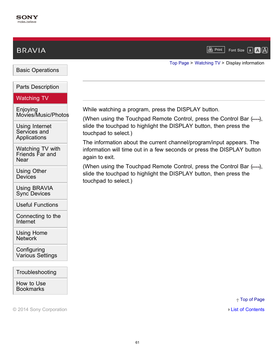 Display information | Sony KDL-40W600B User Manual | Page 66 / 214