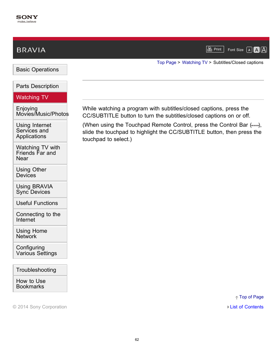 Subtitles/closed captions | Sony KDL-40W600B User Manual | Page 67 / 214