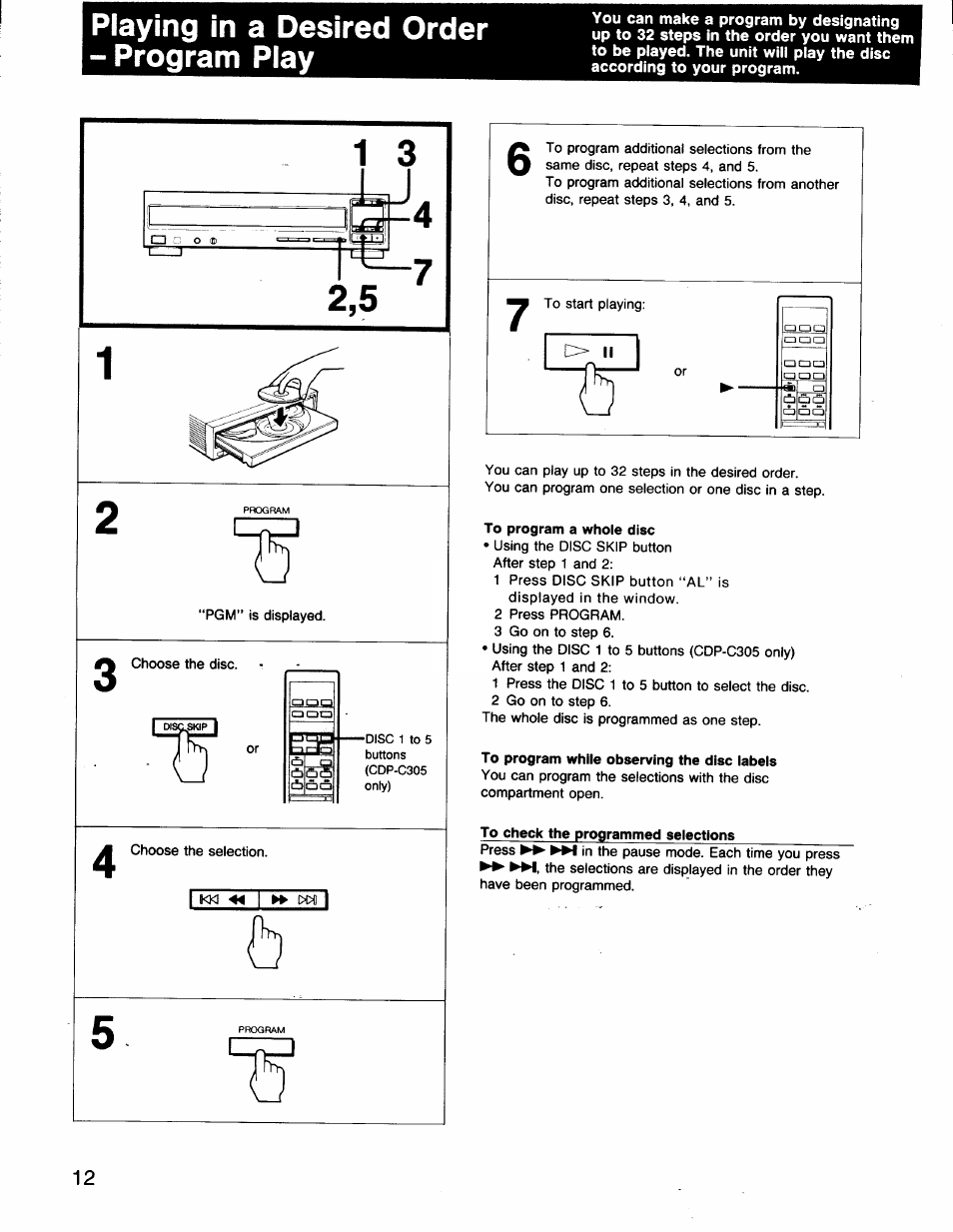 To program a whole disc, To program while observing the disc labels, To check the programmed selections | Playing in a desired order - program play | Sony CDP-C201 User Manual | Page 12 / 16