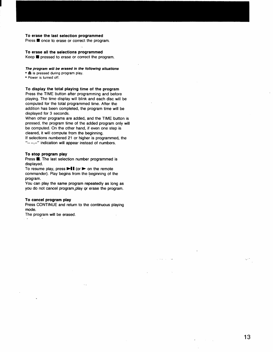 To erase the last selection programmed, To erase all the selections programmed, To display the total playing time of the program | To stop program play, To cancel program play | Sony CDP-C201 User Manual | Page 13 / 16