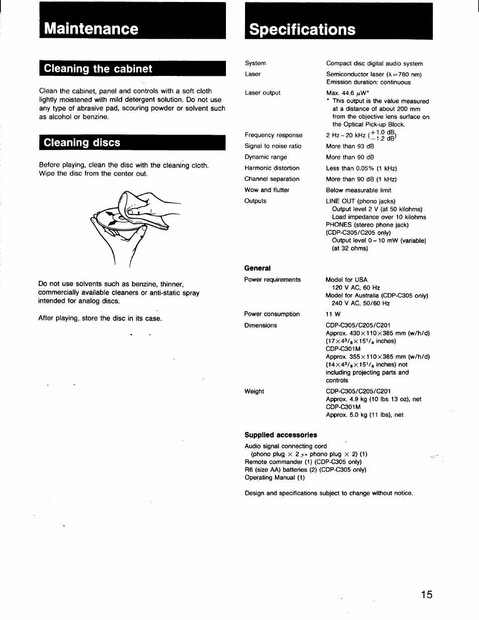 Maintenance, Specifications, Cleaning the cabinet | Cleaning discs, General, Supplied accessories, Cleaning the cabinet cleaning discs, Maintenance specifications | Sony CDP-C201 User Manual | Page 15 / 16