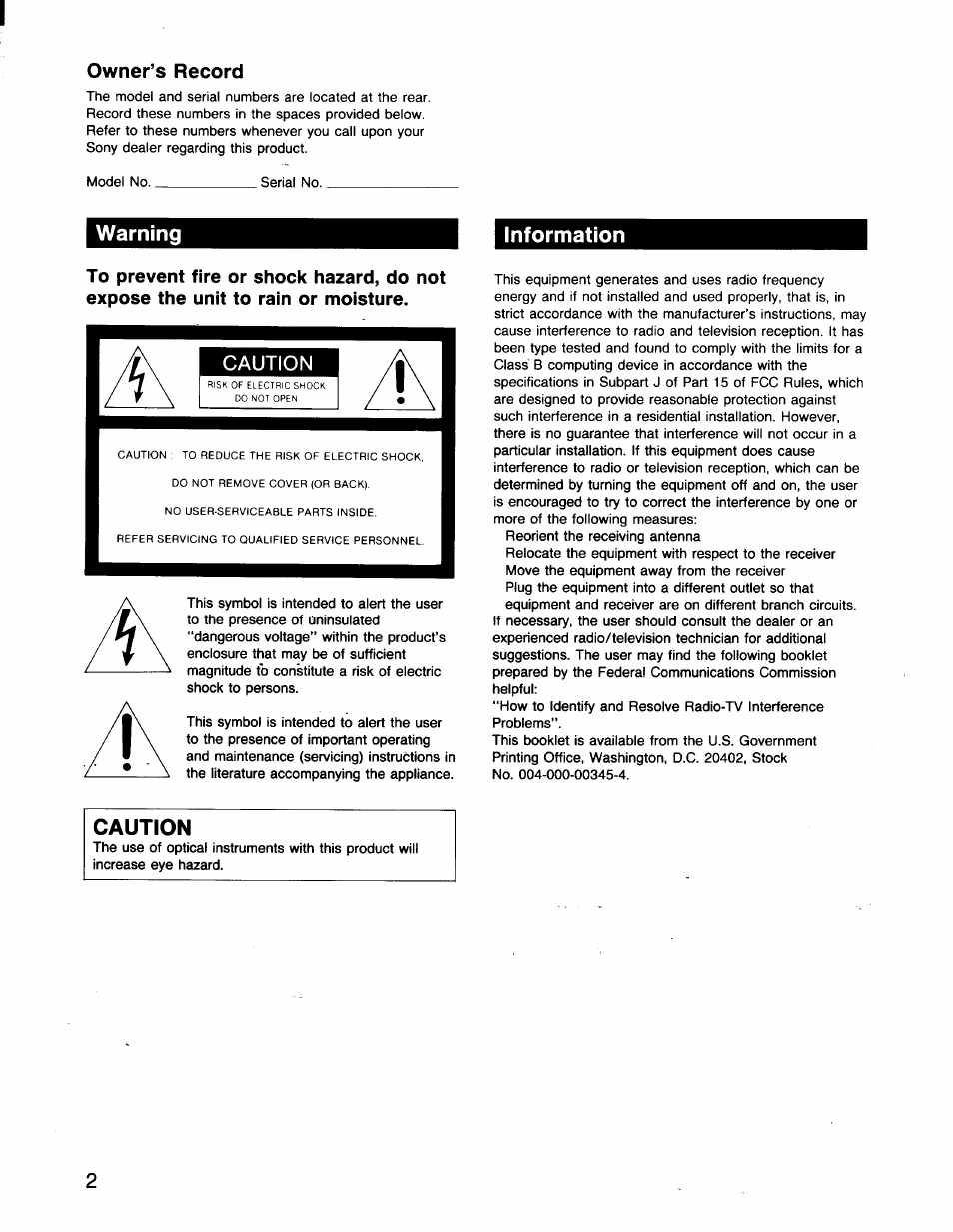 Information, Caution, Owner’s record | Warning | Sony CDP-C201 User Manual | Page 2 / 16