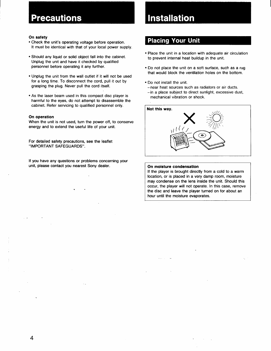 Precautions, Installation, On safety | On operation, Placing your unit, On moisture condensation, Instaiiation, Precautions installation | Sony CDP-C201 User Manual | Page 4 / 16