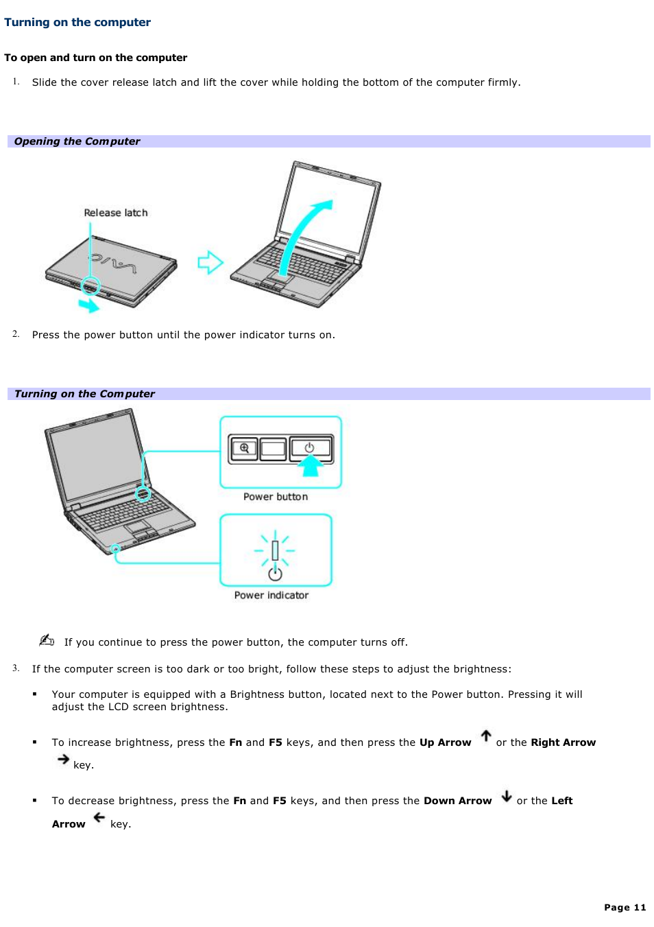 Turning on the computer | Sony PCG-GRT270 User Manual | Page 11 / 208