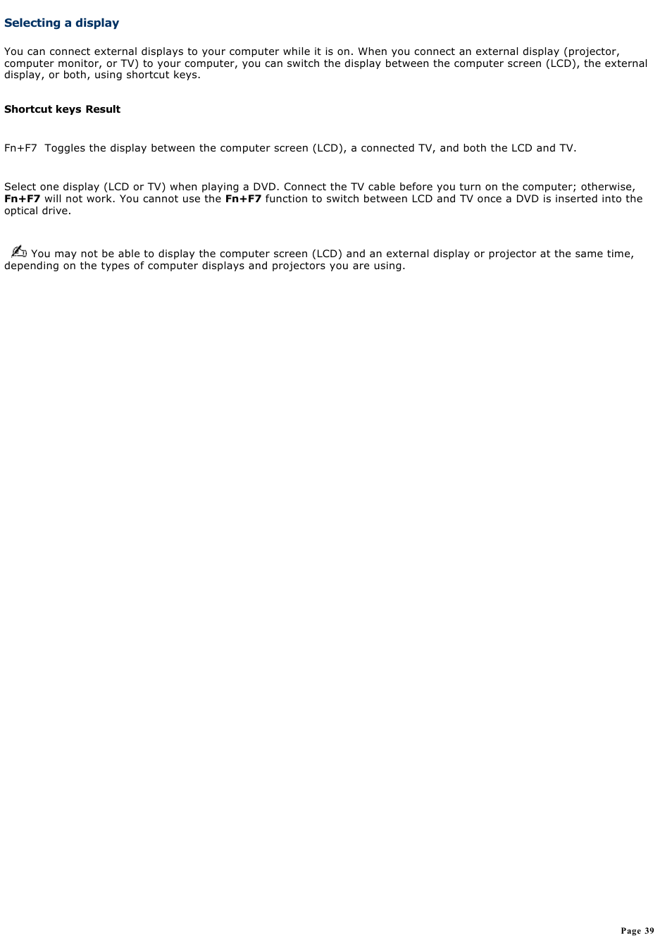 Selecting a display | Sony PCG-GRT270 User Manual | Page 39 / 208