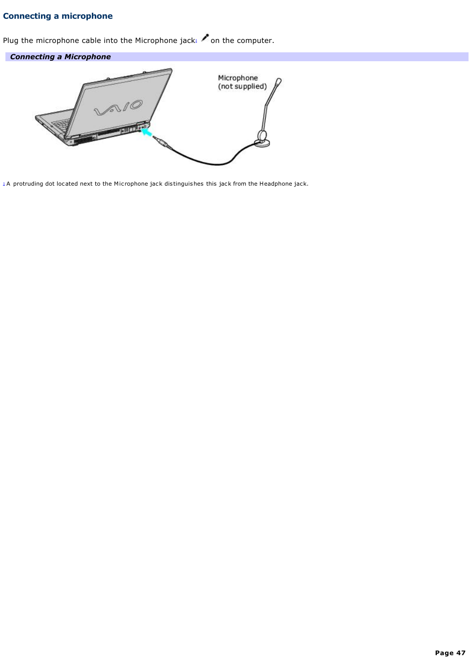 Connecting a microphone | Sony PCG-GRT270 User Manual | Page 47 / 208