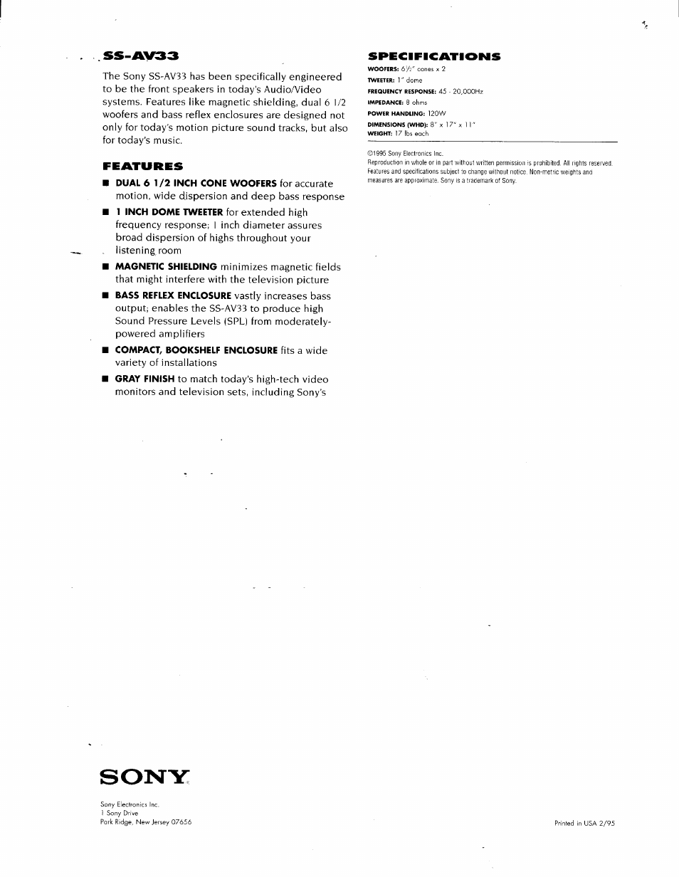 Sony, Ss-av33, Features | Specifications | Sony SS-AV33 User Manual | Page 2 / 2