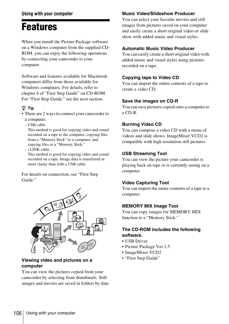 Using with your computer, Features | Sony DCR-TRV480 User Manual | Page 106 / 156