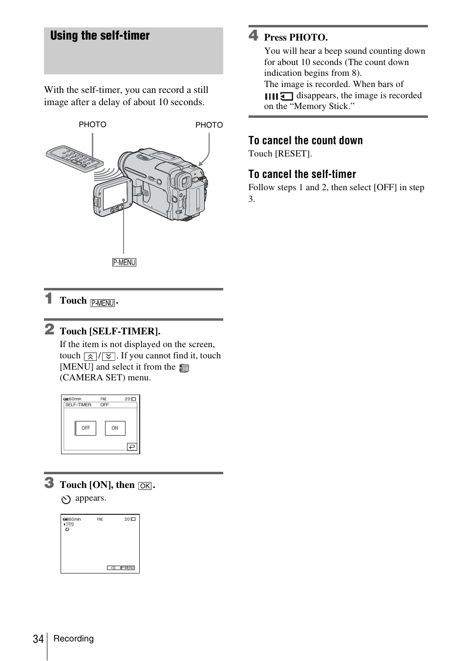 Using the self-timer | Sony DCR-TRV480 User Manual | Page 34 / 156