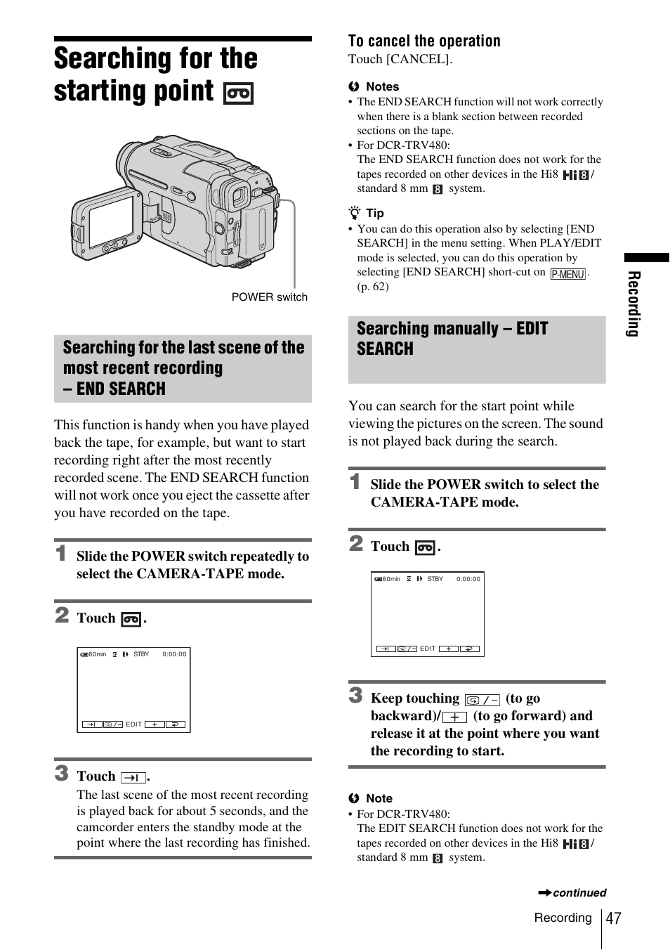 Searching for the starting point, Searching manually – edit search, End search | P. 47) | Sony DCR-TRV480 User Manual | Page 47 / 156
