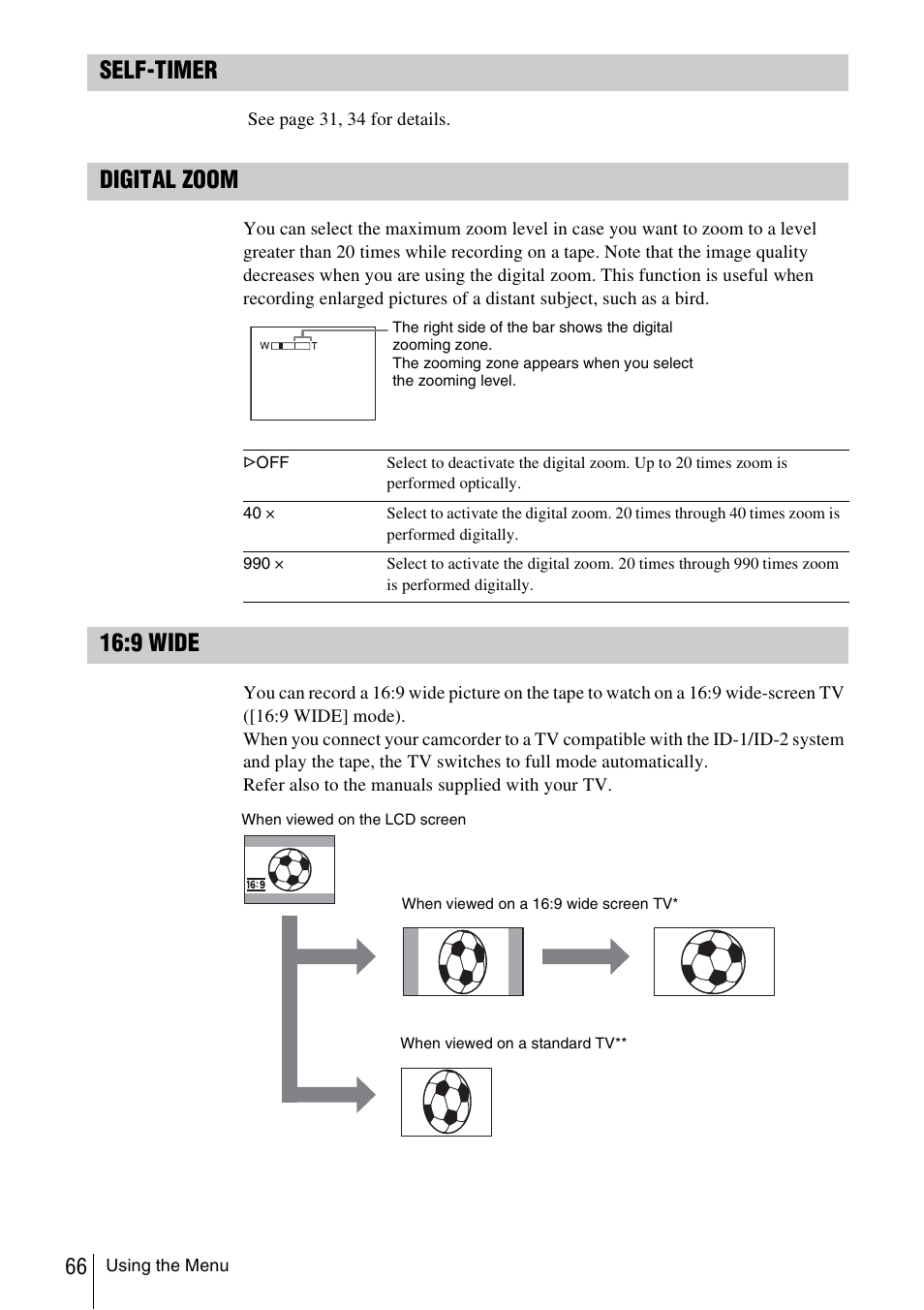 Self-timer, Digital zoom, 9 wide | Sony DCR-TRV480 User Manual | Page 66 / 156