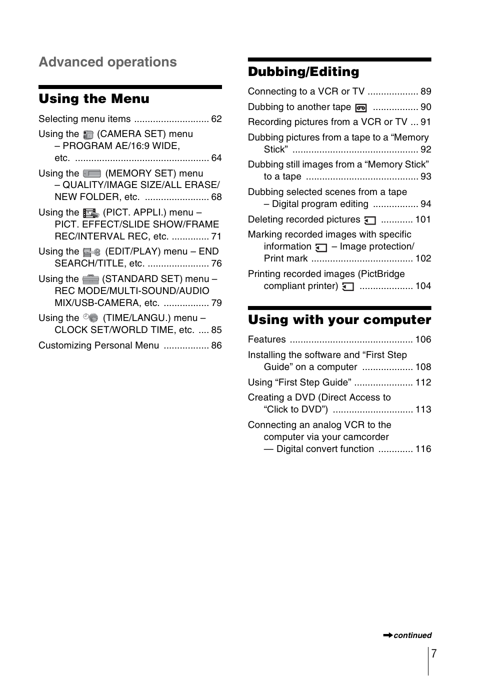 Advanced operations, Using the menu, Dubbing/editing | Using with your computer | Sony DCR-TRV480 User Manual | Page 7 / 156