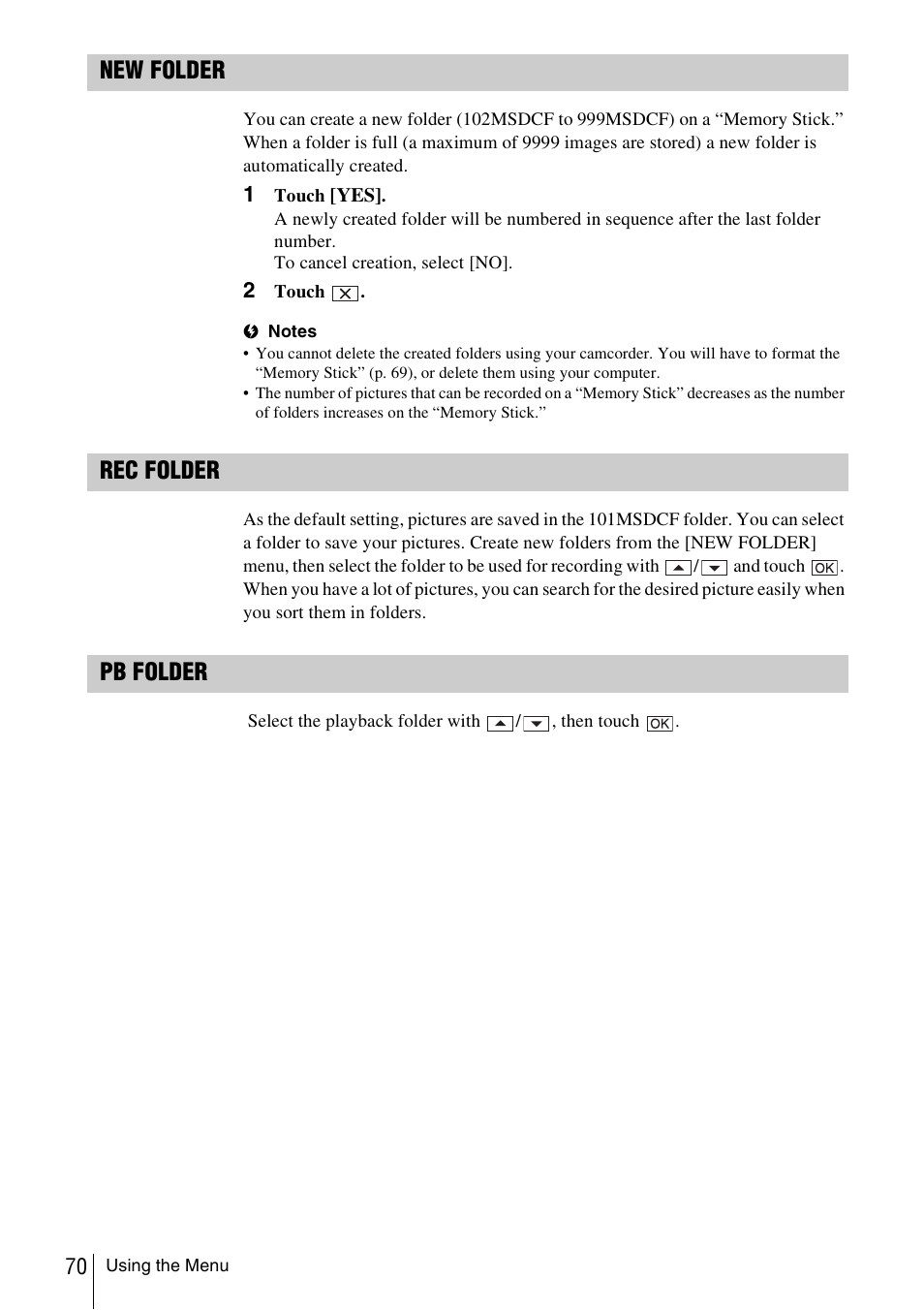 P. 70), New folder, Rec folder | Pb folder | Sony DCR-TRV480 User Manual | Page 70 / 156