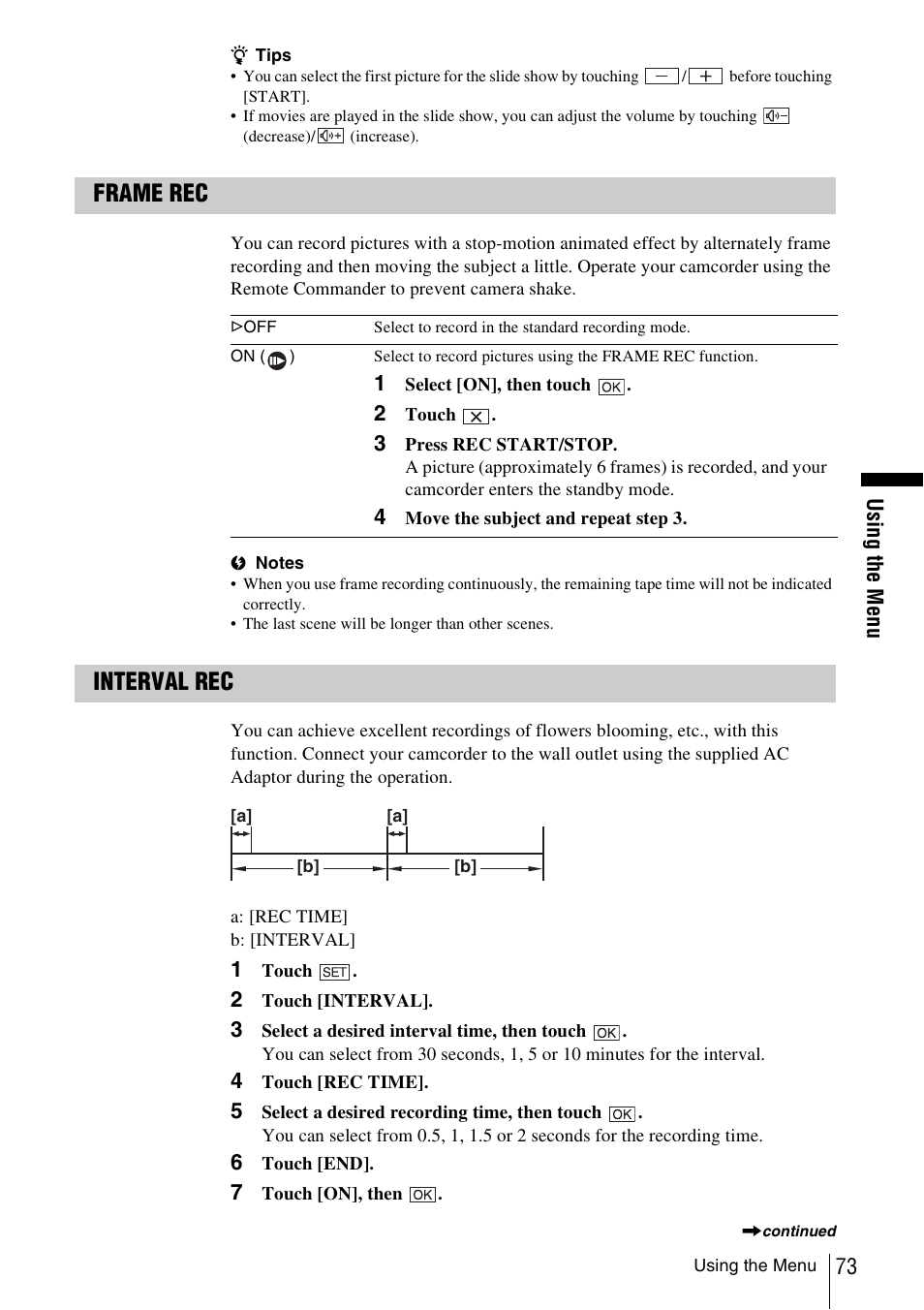 Frame rec, Interval rec | Sony DCR-TRV480 User Manual | Page 73 / 156