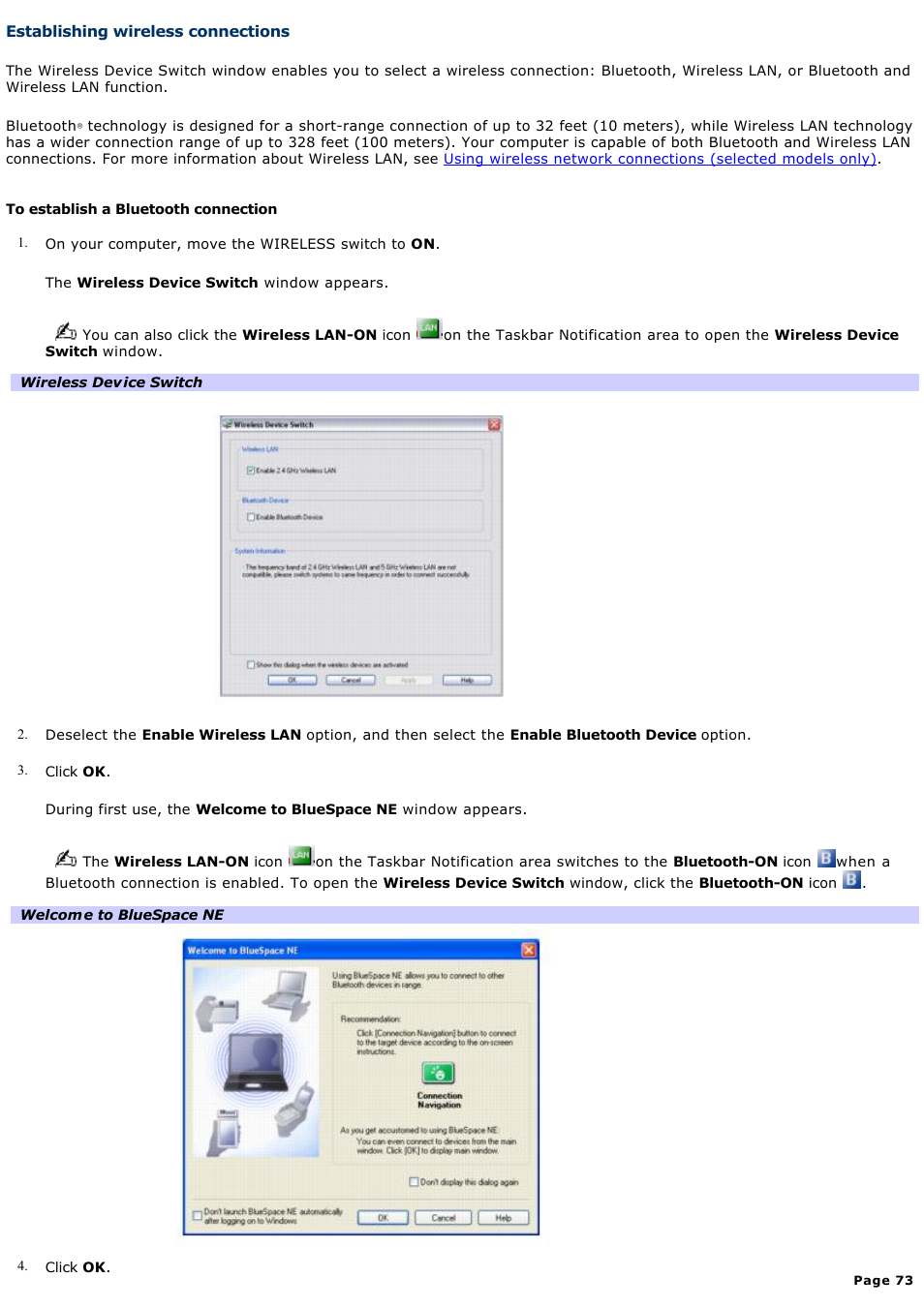 Establishing wireless connections | Sony VGN-S150 User Manual | Page 73 / 228