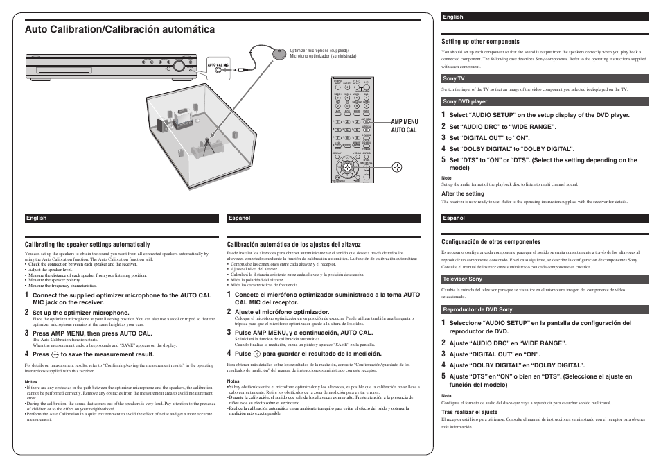 Auto calibration/calibración automática | Sony HT-SS2000 User Manual | Page 2 / 2