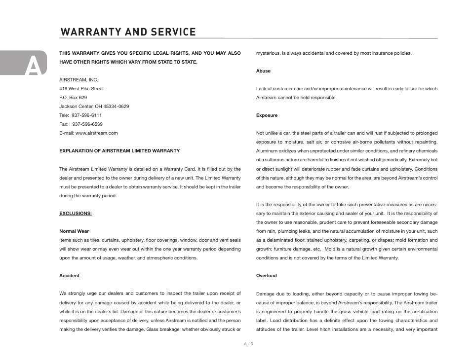 Warranty and service | Airstream INTERNATIONAL CCD User Manual | Page 10 / 99