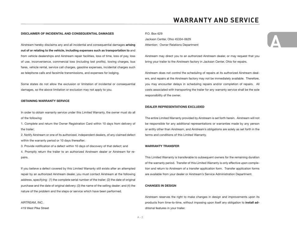 Warranty and service | Airstream INTERNATIONAL CCD User Manual | Page 9 / 99
