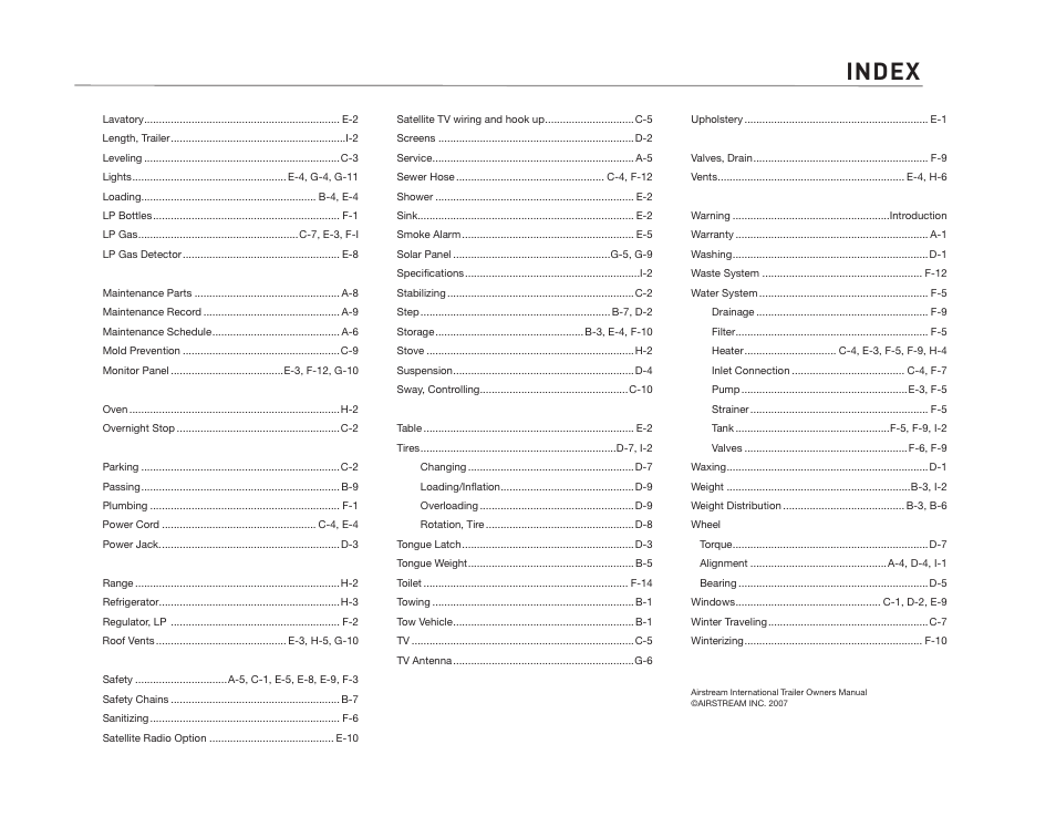 Index | Airstream INTERNATIONAL CCD User Manual | Page 99 / 99
