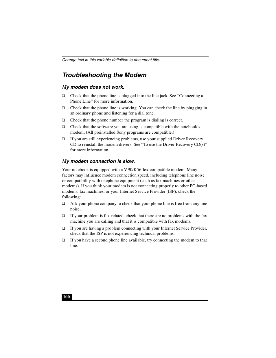 Troubleshooting the modem, My modem does not work, My modem connection is slow | My modem does not work my modem connection is slow | Sony PCG-FXA49 User Manual | Page 100 / 116