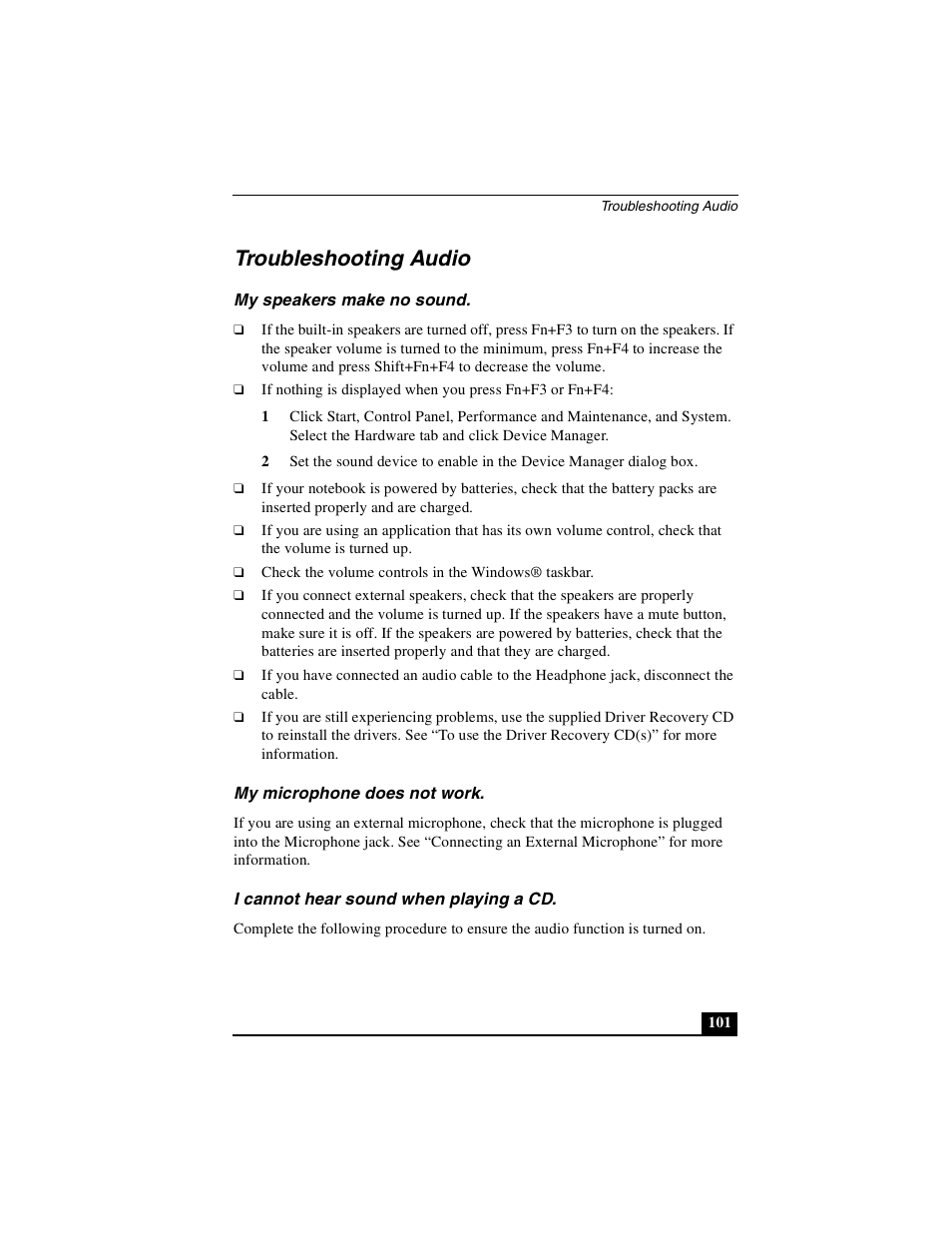 Troubleshooting audio, My speakers make no sound, My microphone does not work | I cannot hear sound when playing a cd | Sony PCG-FXA49 User Manual | Page 101 / 116