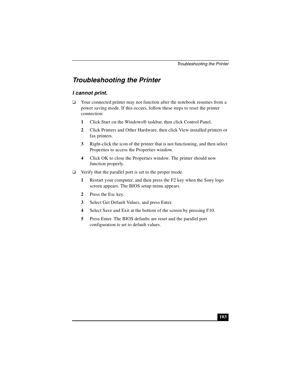 Troubleshooting the printer, I cannot print | Sony PCG-FXA49 User Manual | Page 103 / 116