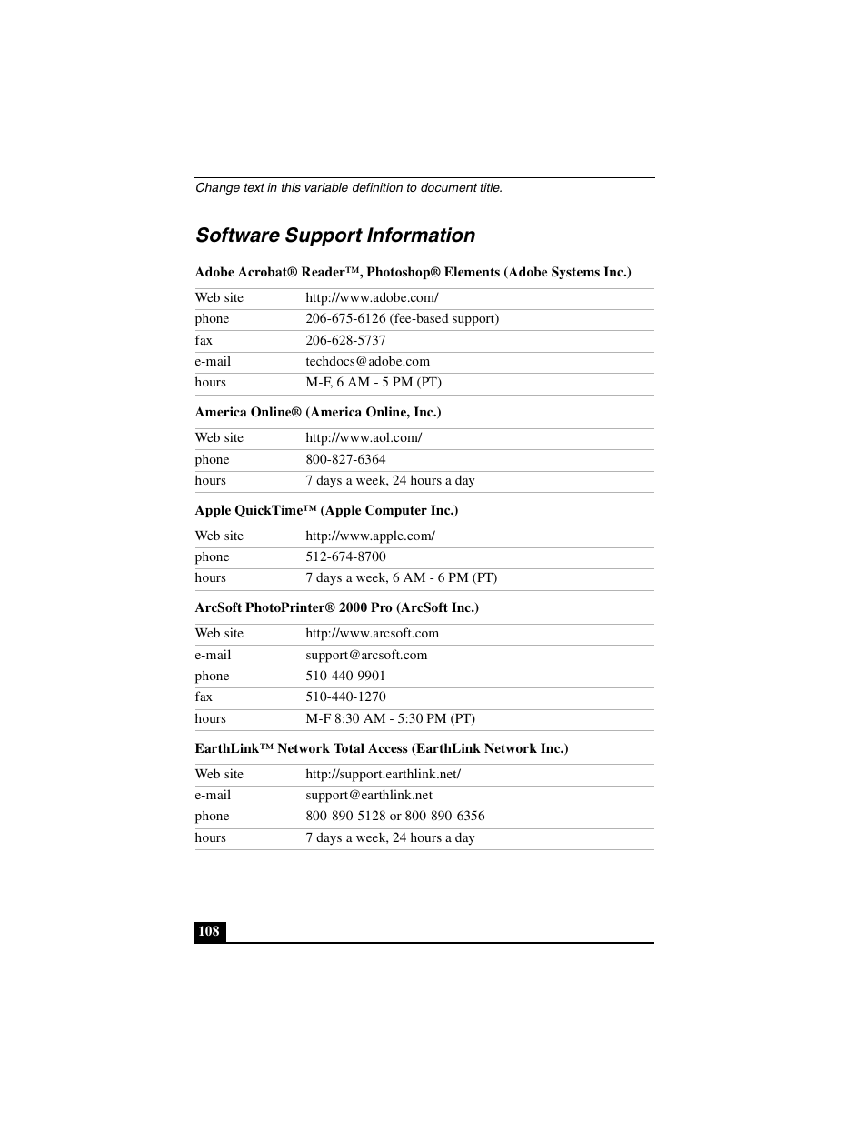 Software support information | Sony PCG-FXA49 User Manual | Page 108 / 116