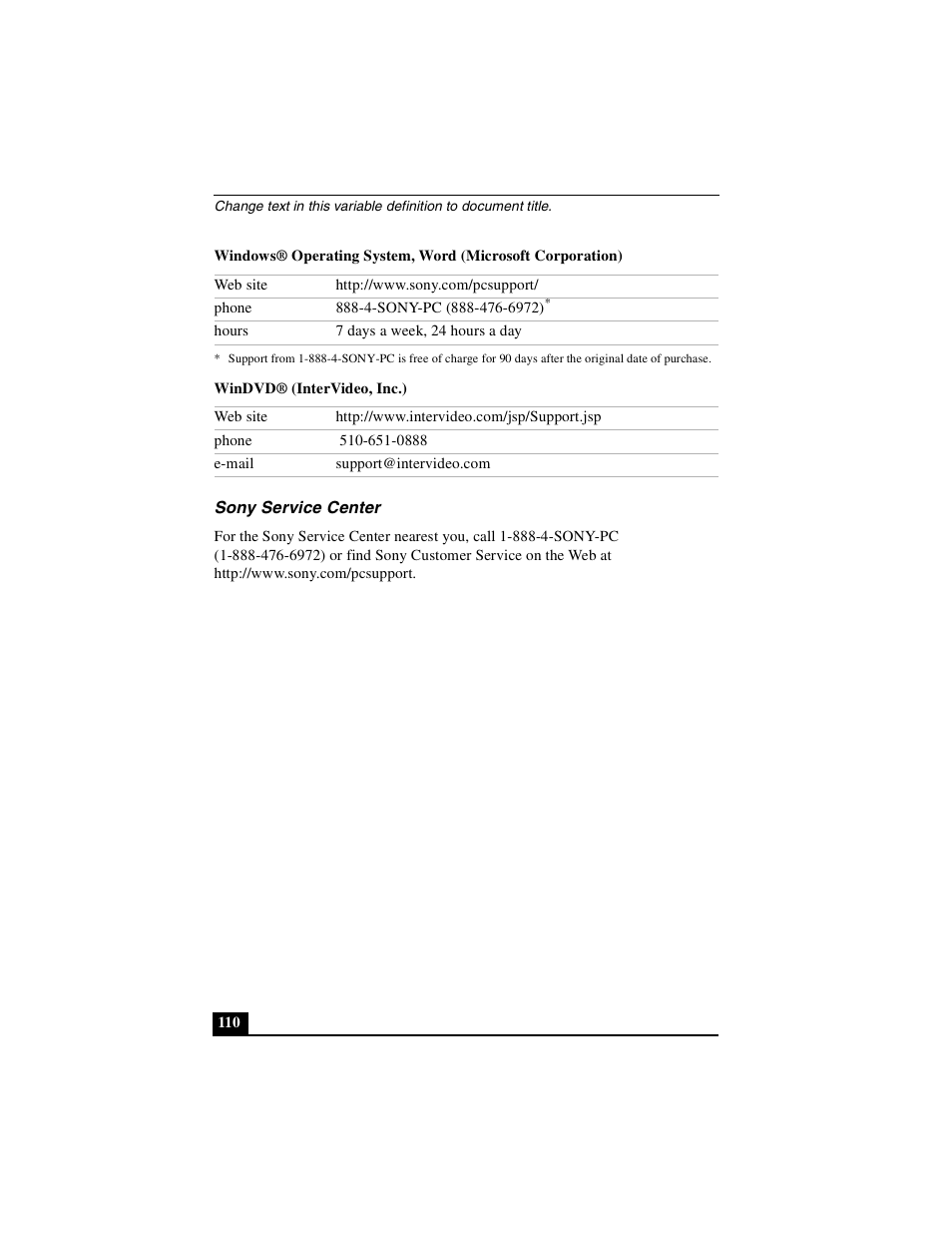 Sony service center | Sony PCG-FXA49 User Manual | Page 110 / 116