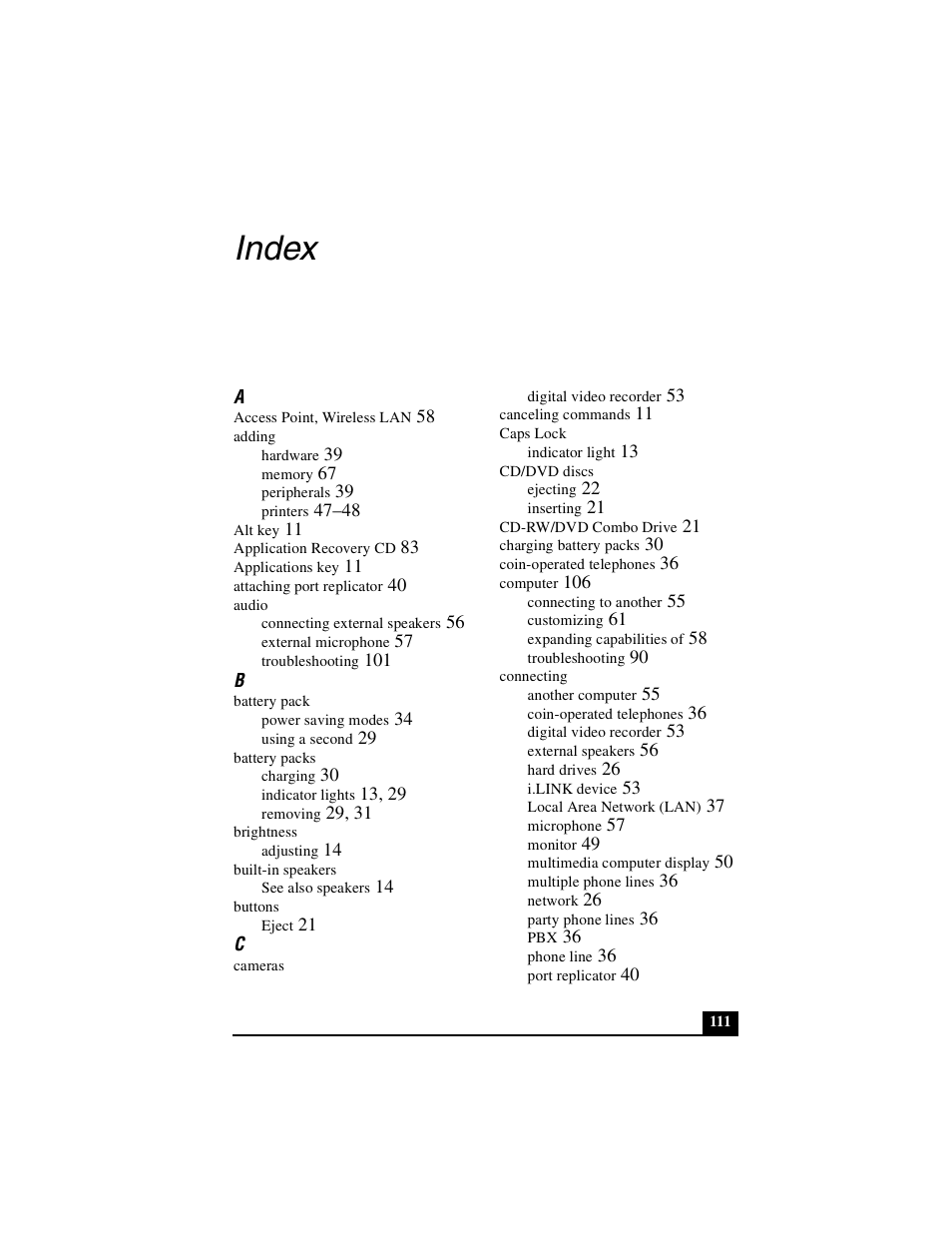 Index | Sony PCG-FXA49 User Manual | Page 111 / 116