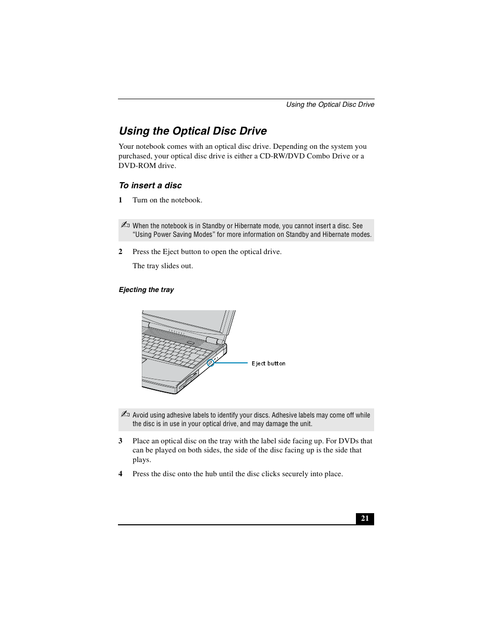 Using the optical disc drive, To insert a disc | Sony PCG-FXA49 User Manual | Page 21 / 116